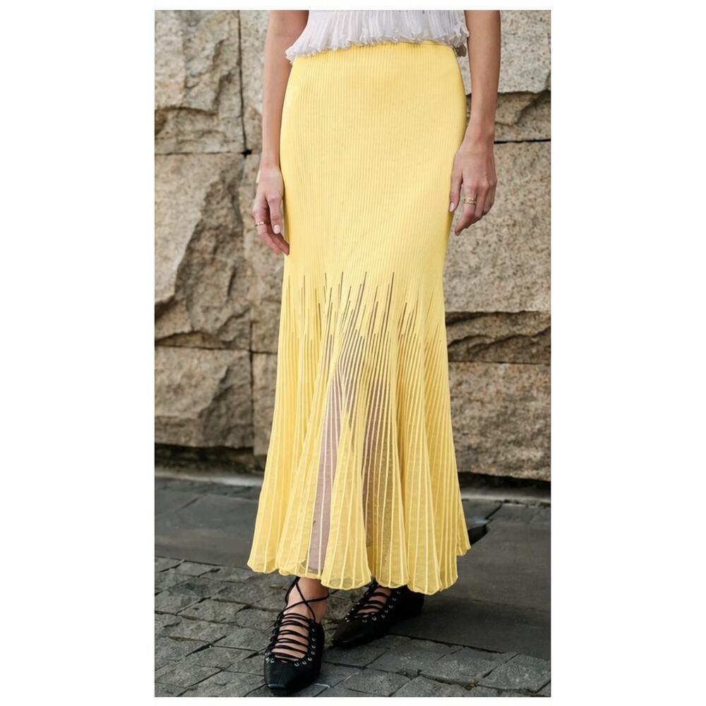 Commense Mesh Panel Pleated Knit Skirt – Yellow Maxi Skirt NWT Size XL